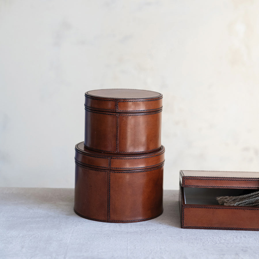 Round Leather Boxes w/Stitching | Cognac