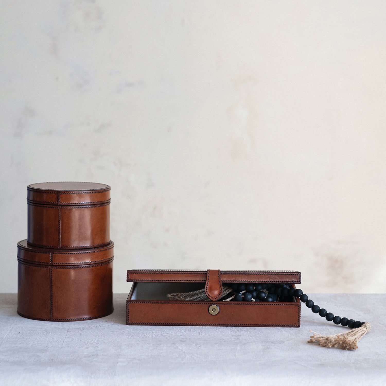 Round Leather Boxes w/Stitching | Cognac