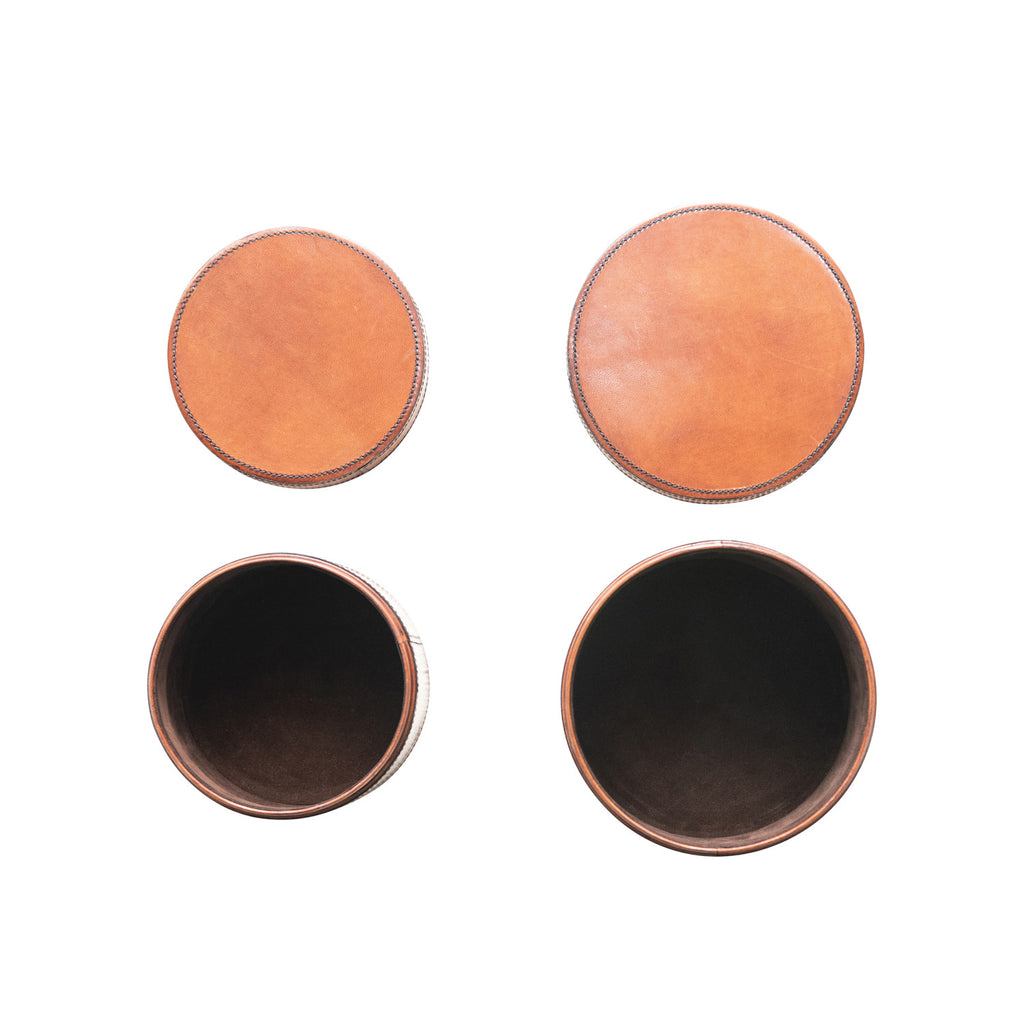 Round Leather Boxes w/Stitching | Cognac