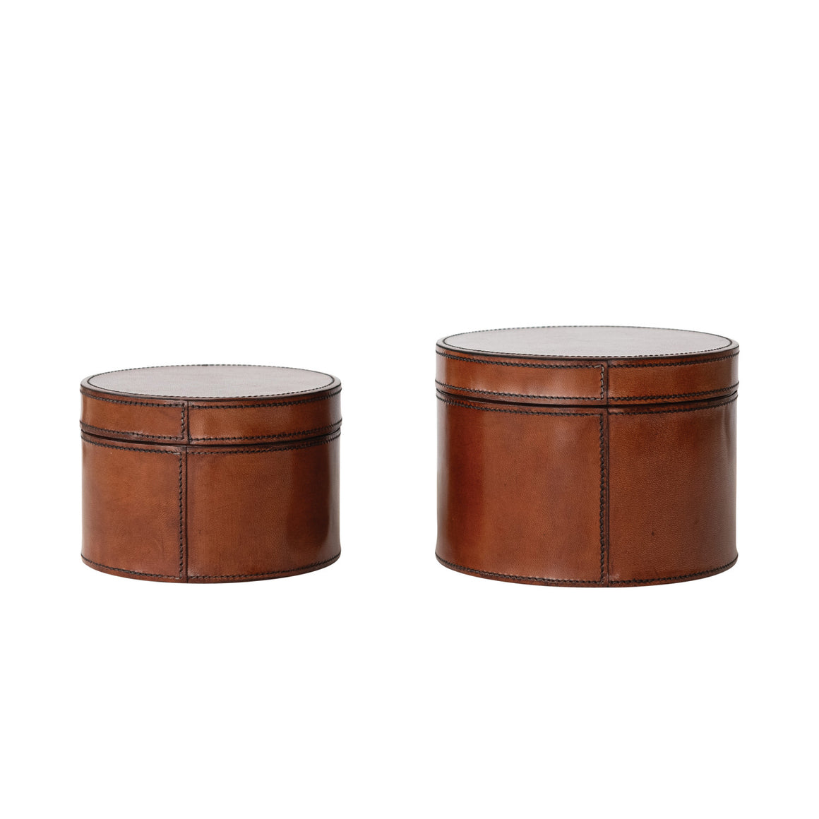Round Leather Boxes w/Stitching | Cognac