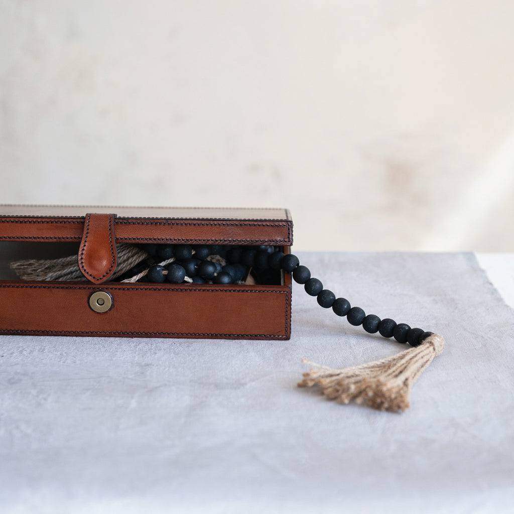 Rectangle Leather Box w/Stitching | Cognac