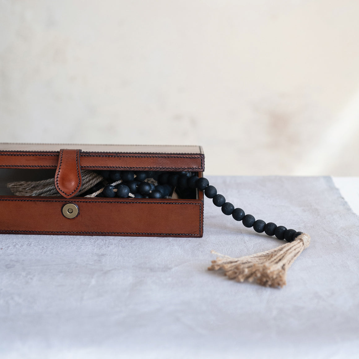 Rectangle Leather Box w/Stitching | Cognac