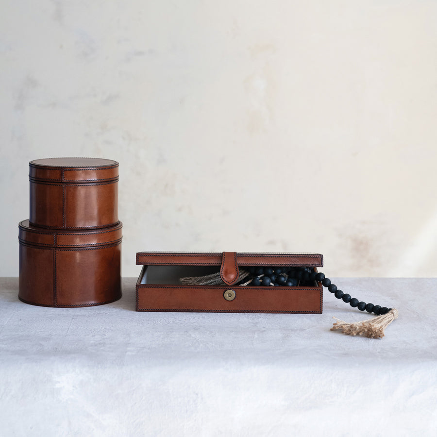 Rectangle Leather Box w/Stitching | Cognac