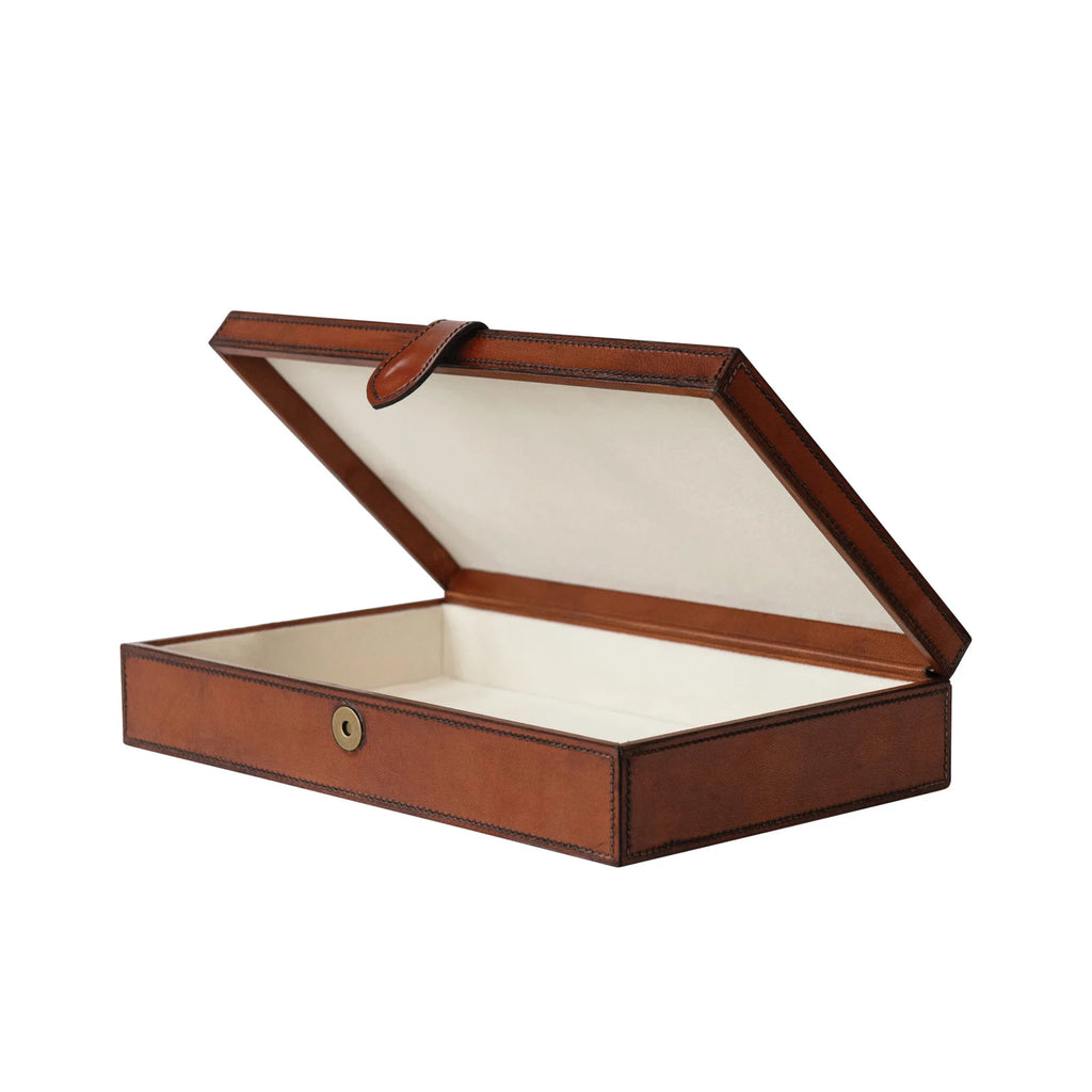 Rectangle Leather Box w/Stitching | Cognac