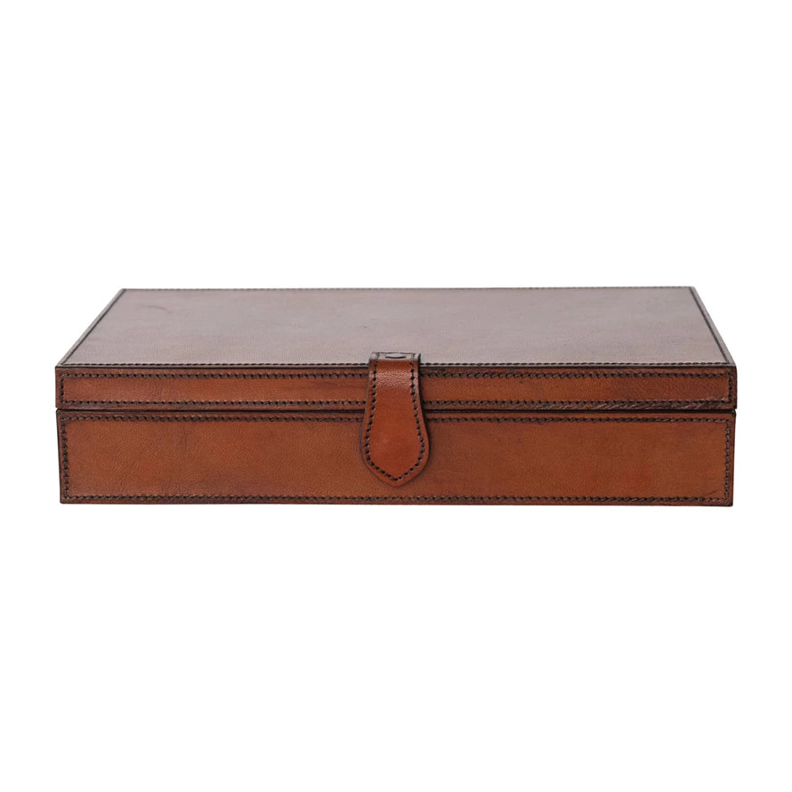 Rectangle Leather Box w/Stitching | Cognac