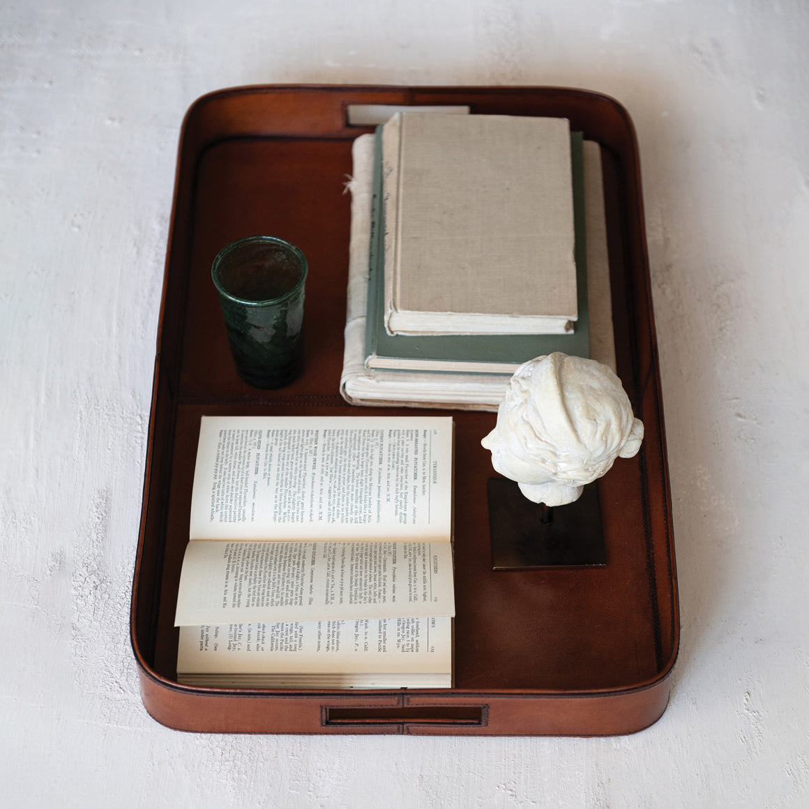 Leather Tray w/Stitching & Handles | Cognac
