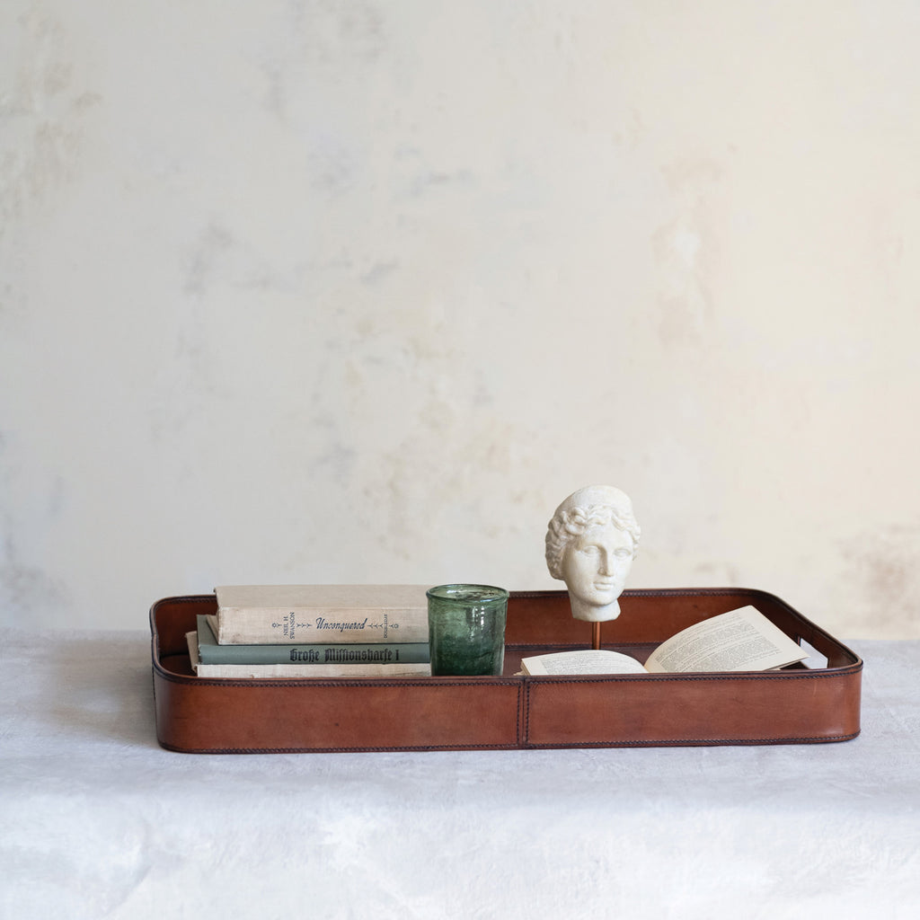 Leather Tray w/Stitching & Handles | Cognac