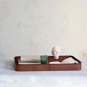 Leather Tray w/Stitching & Handles | Cognac