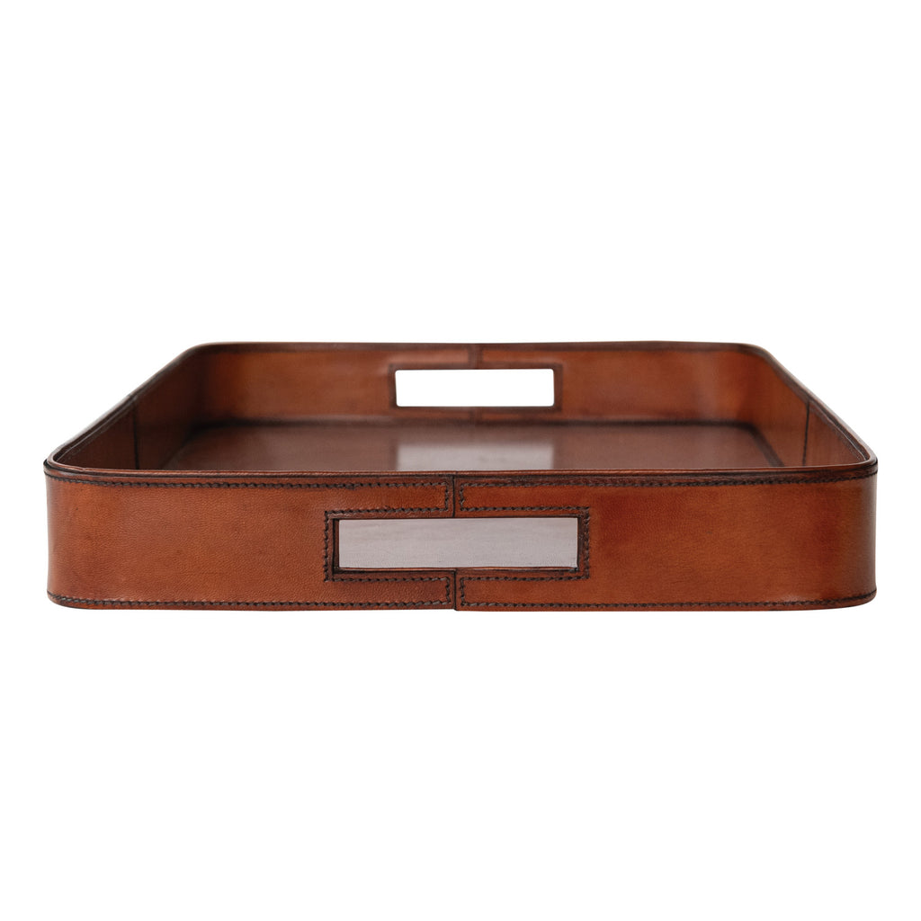 Leather Tray w/Stitching & Handles | Cognac
