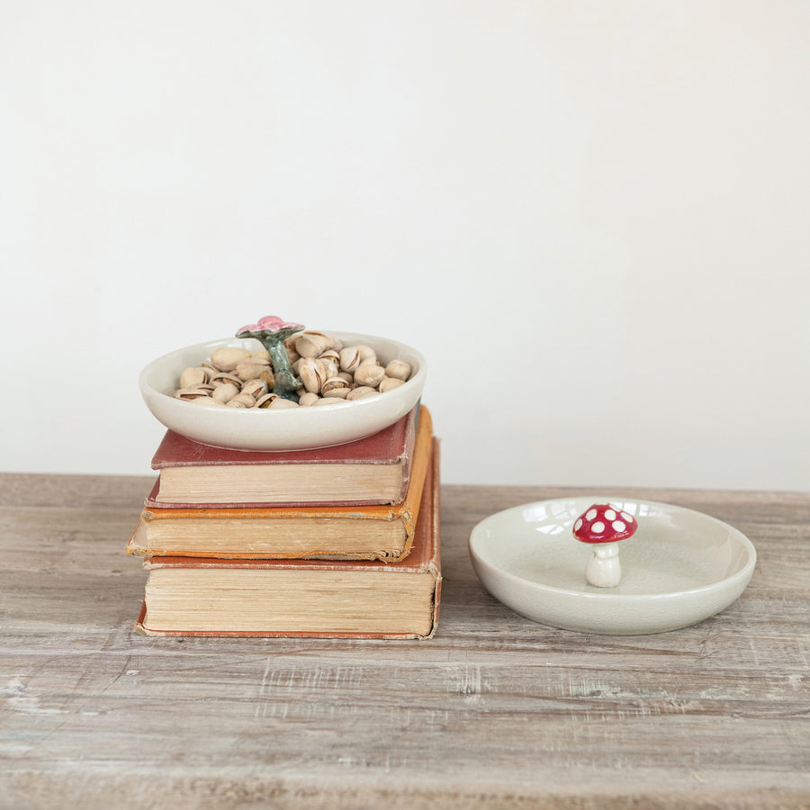 Hand-Painted Stoneware Dish w/ Flower/Mushroom