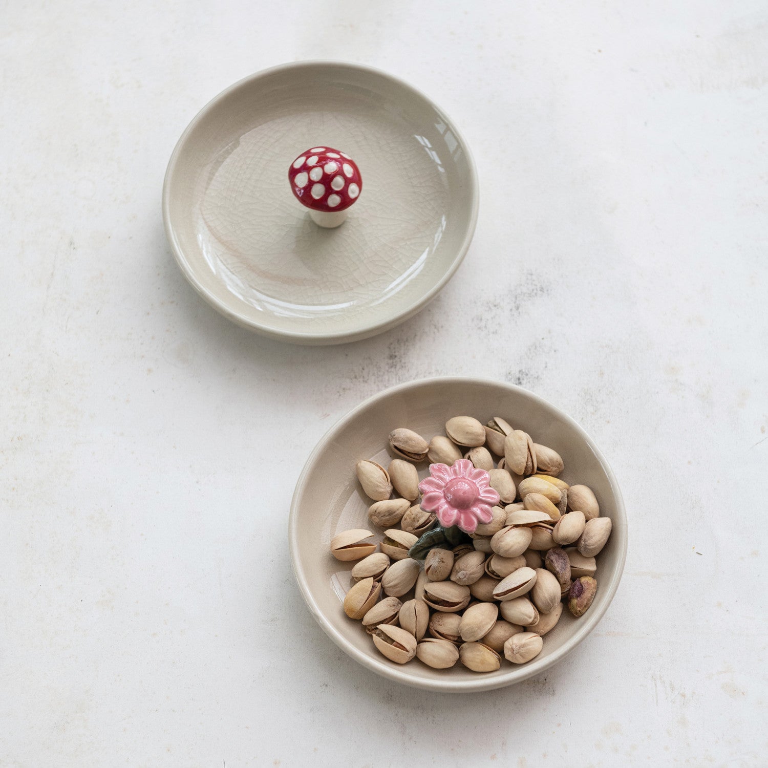 Hand-Painted Stoneware Dish w/ Flower/Mushroom