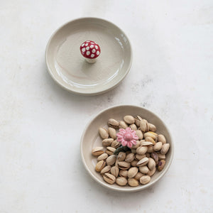 Hand-Painted Stoneware Dish w/ Flower/Mushroom