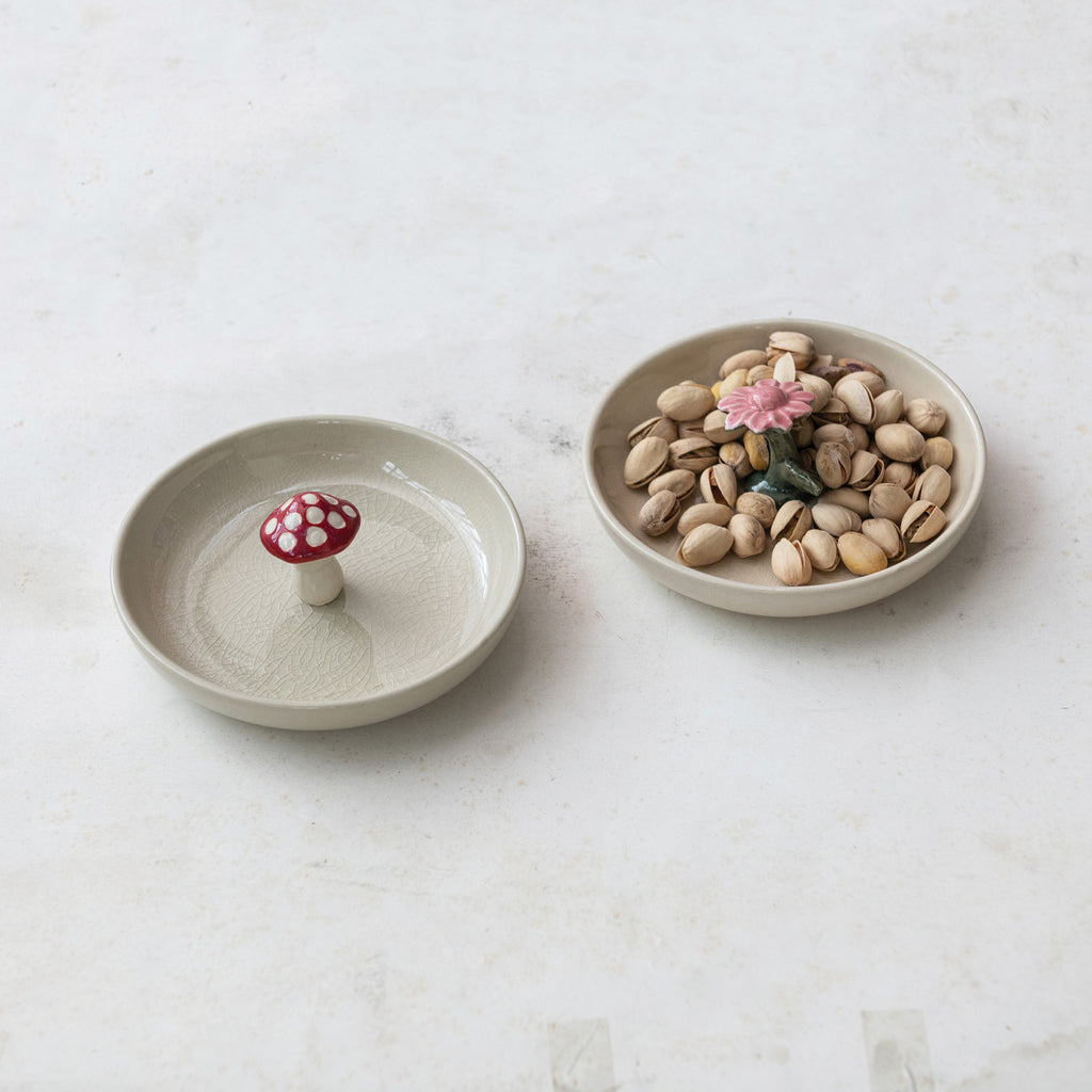 Hand-Painted Stoneware Dish w/ Flower/Mushroom