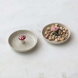 Hand-Painted Stoneware Dish w/ Flower/Mushroom