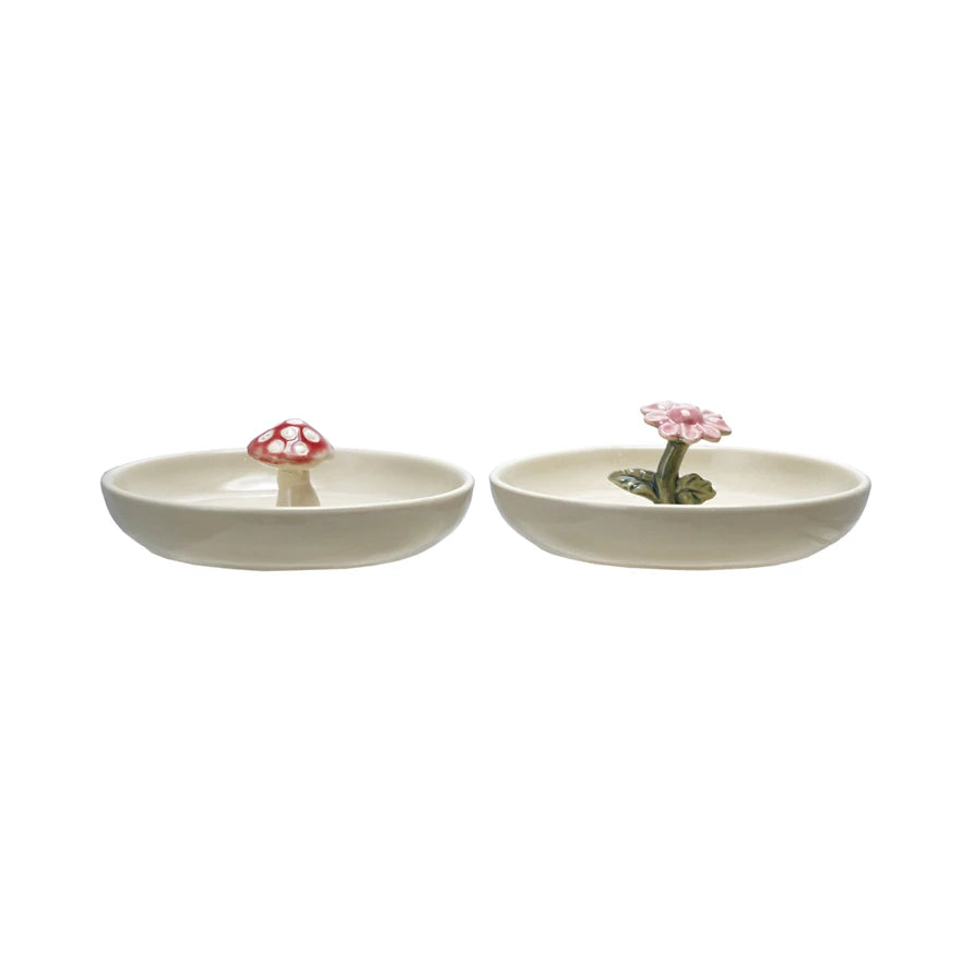 Hand-Painted Stoneware Dish w/ Flower/Mushroom