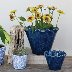 Stoneware Planter w/Ruffled Edge | Blue