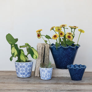 Stoneware Planter w/Ruffled Edge | Blue