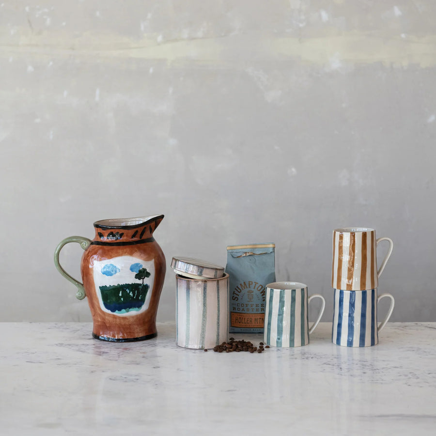 Hand-Painted Stoneware Striped Jar w/Lid
