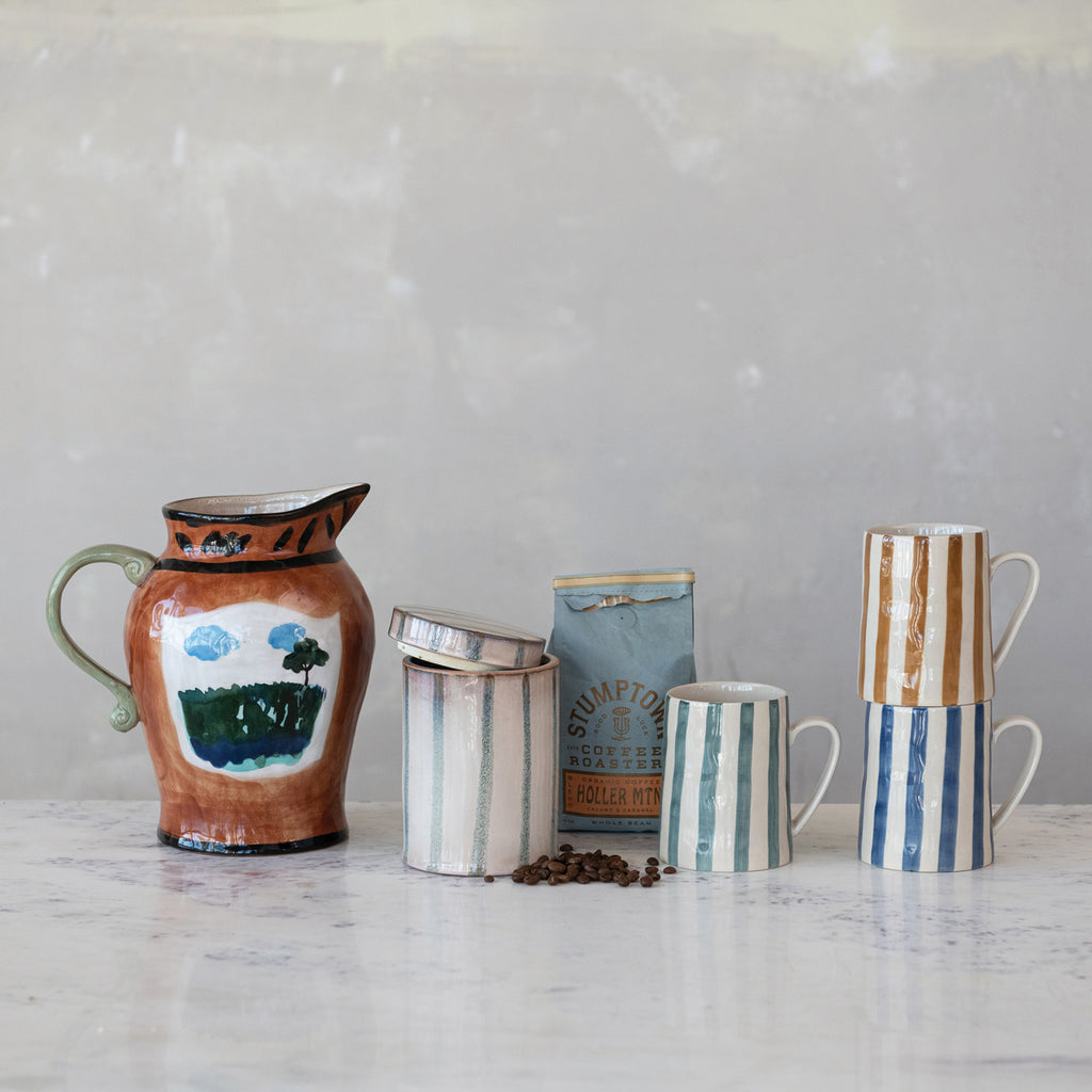 Hand-Painted Stoneware Striped Jar w/Lid