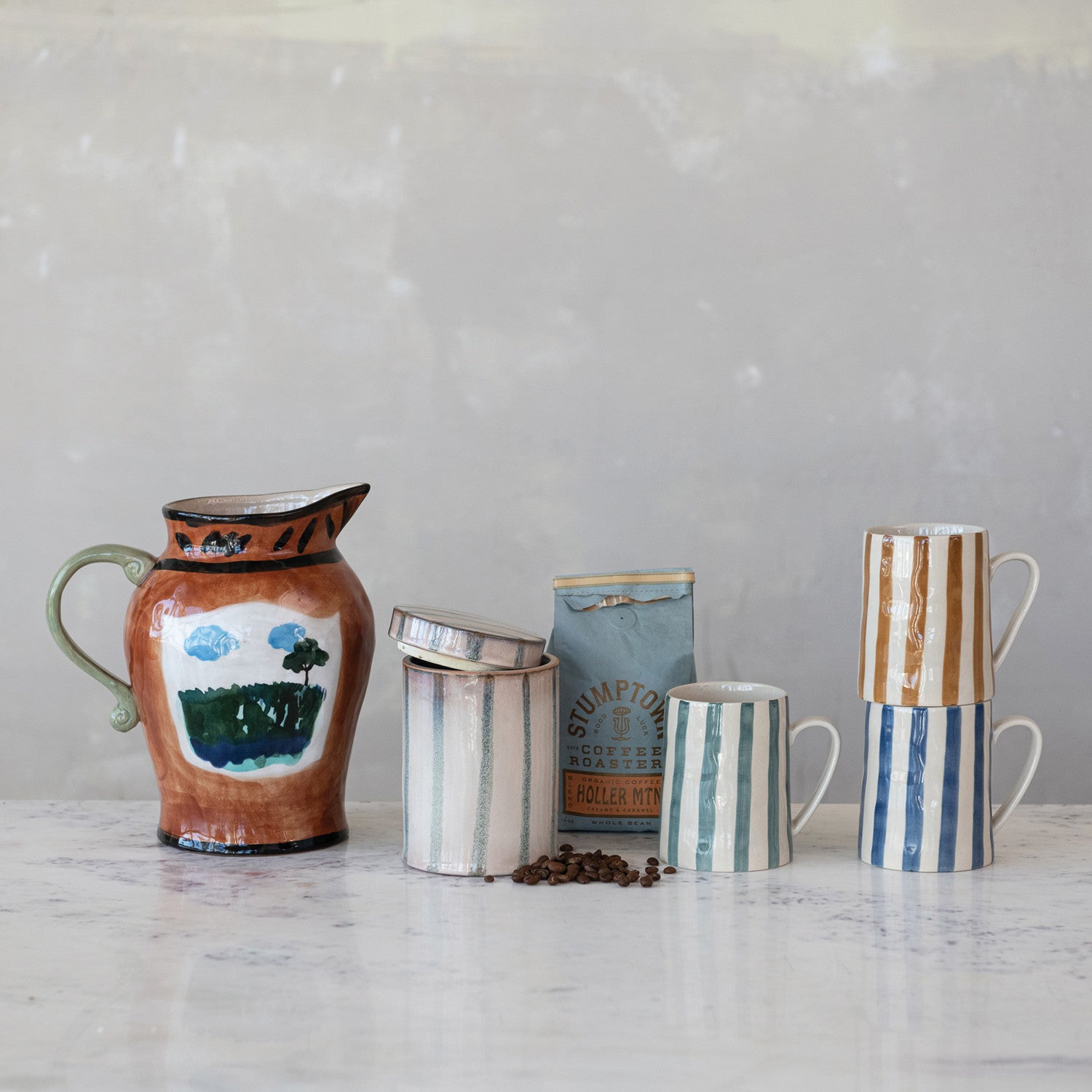 Hand-Painted Stoneware Striped Jar w/Lid
