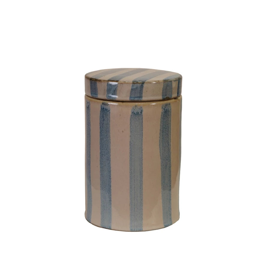 Hand-Painted Stoneware Striped Jar w/Lid