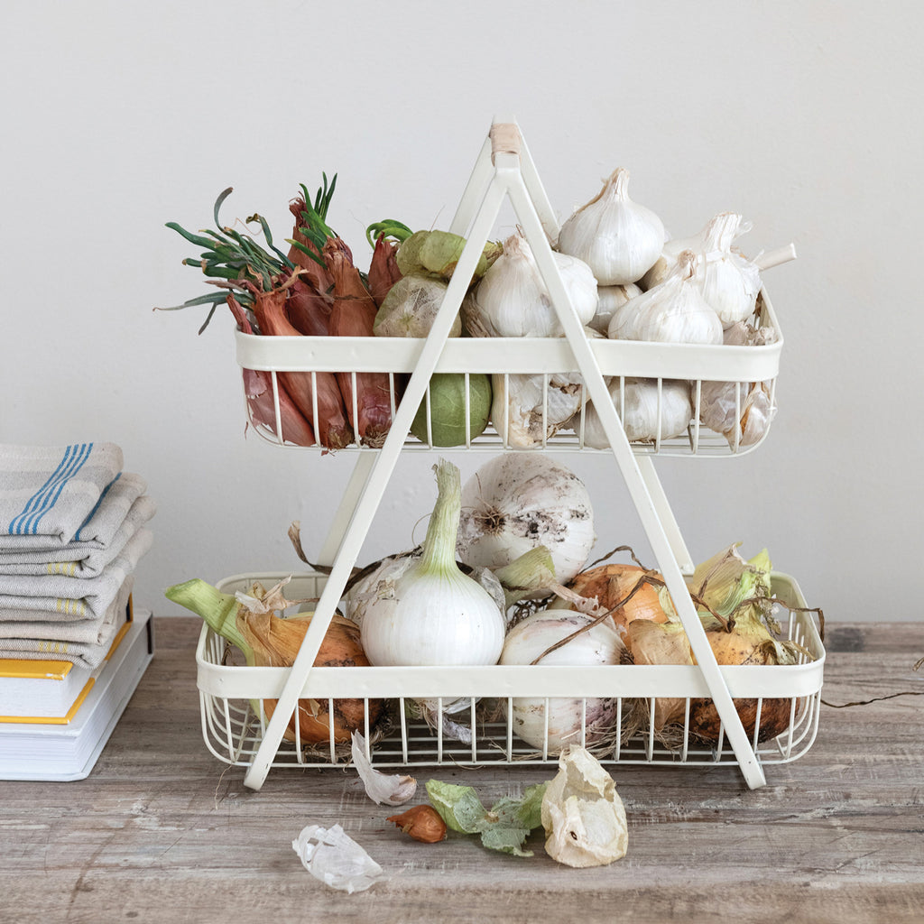 Metal 2-Tier Tray w/ Rattan Wrapped Handle | White