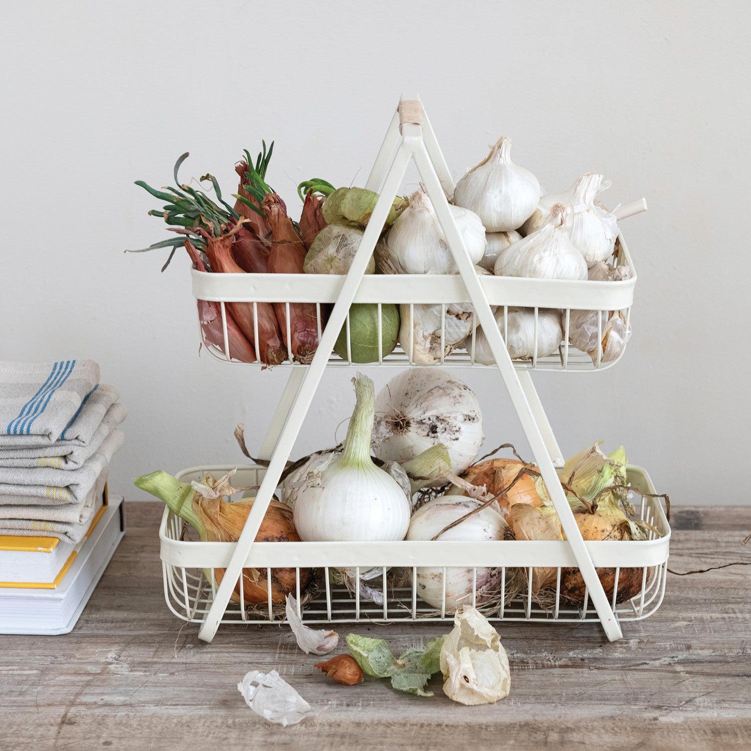 Metal 2-Tier Tray w/ Rattan Wrapped Handle | White