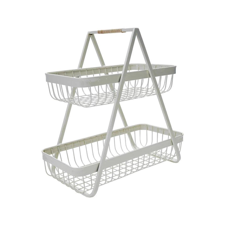 Metal 2-Tier Tray w/ Rattan Wrapped Handle | White