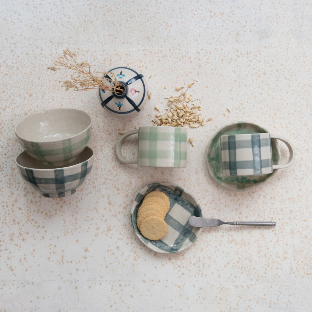 Hand-Painted Stoneware Bowl w/Plaid Pattern