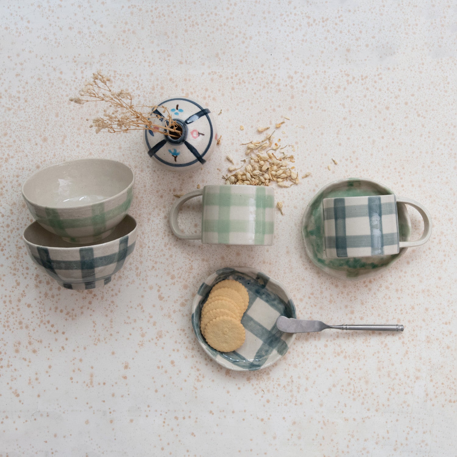 Hand-Painted Stoneware Bowl w/Plaid Pattern