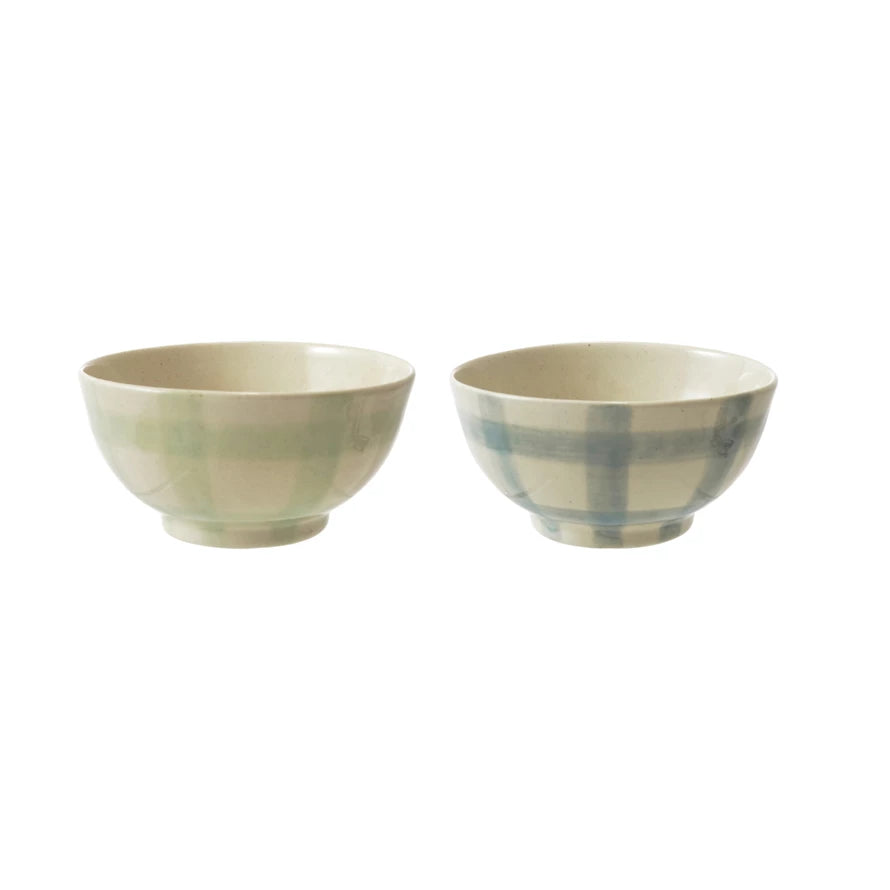 Hand-Painted Stoneware Bowl w/Plaid Pattern