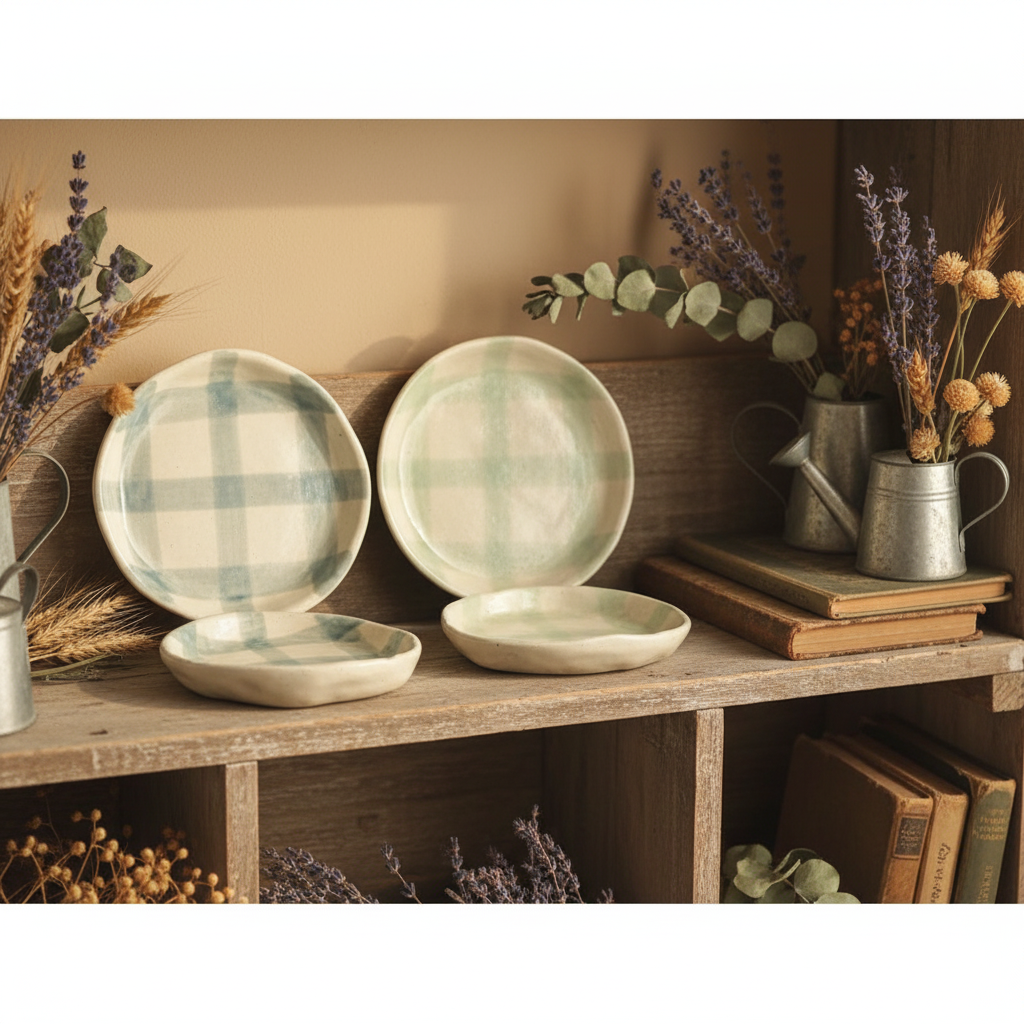 Hand-Painted Stoneware Plate w/Plaid Pattern