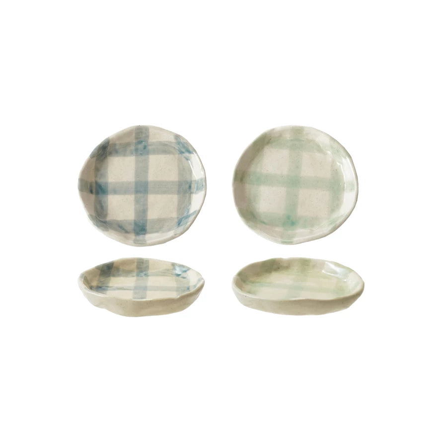 Hand-Painted Stoneware Plate w/Plaid Pattern