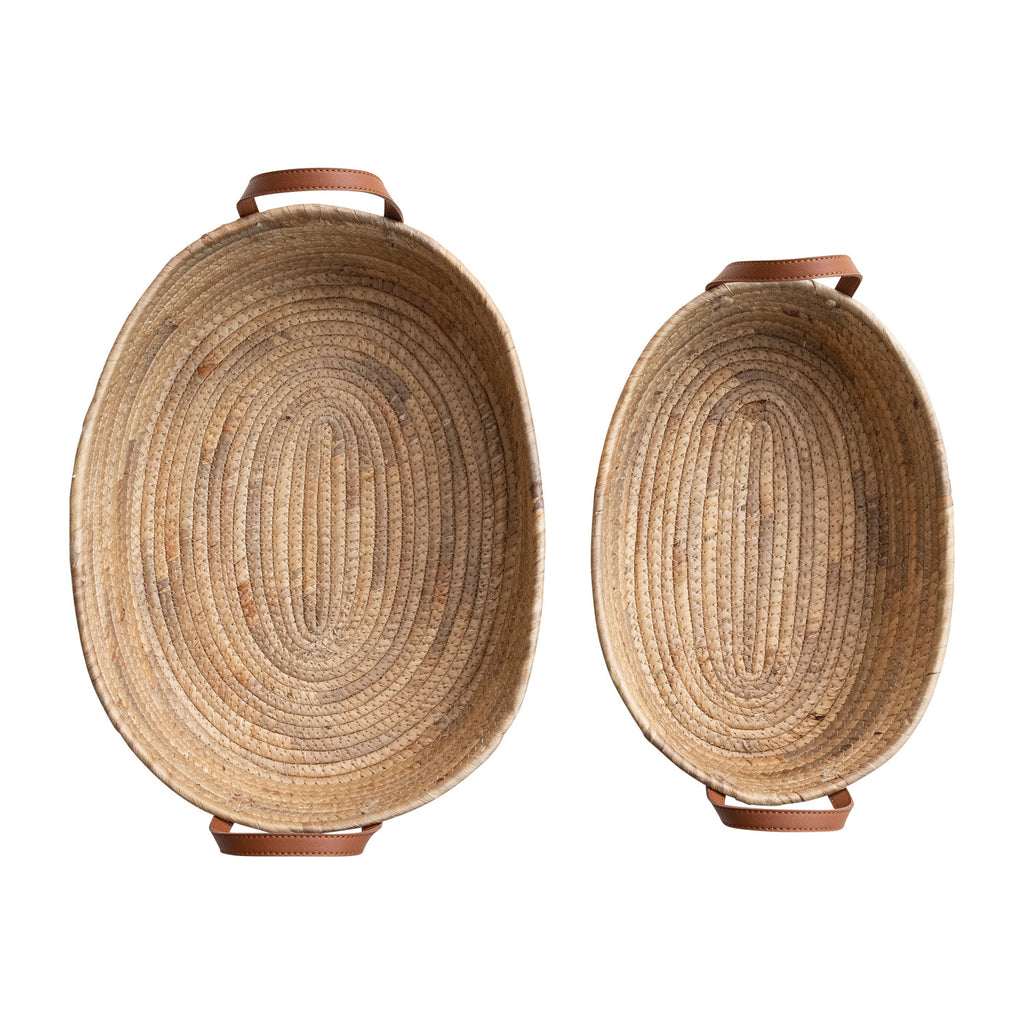 Oval Hand-Woven Basket w/Faux Leather Handles