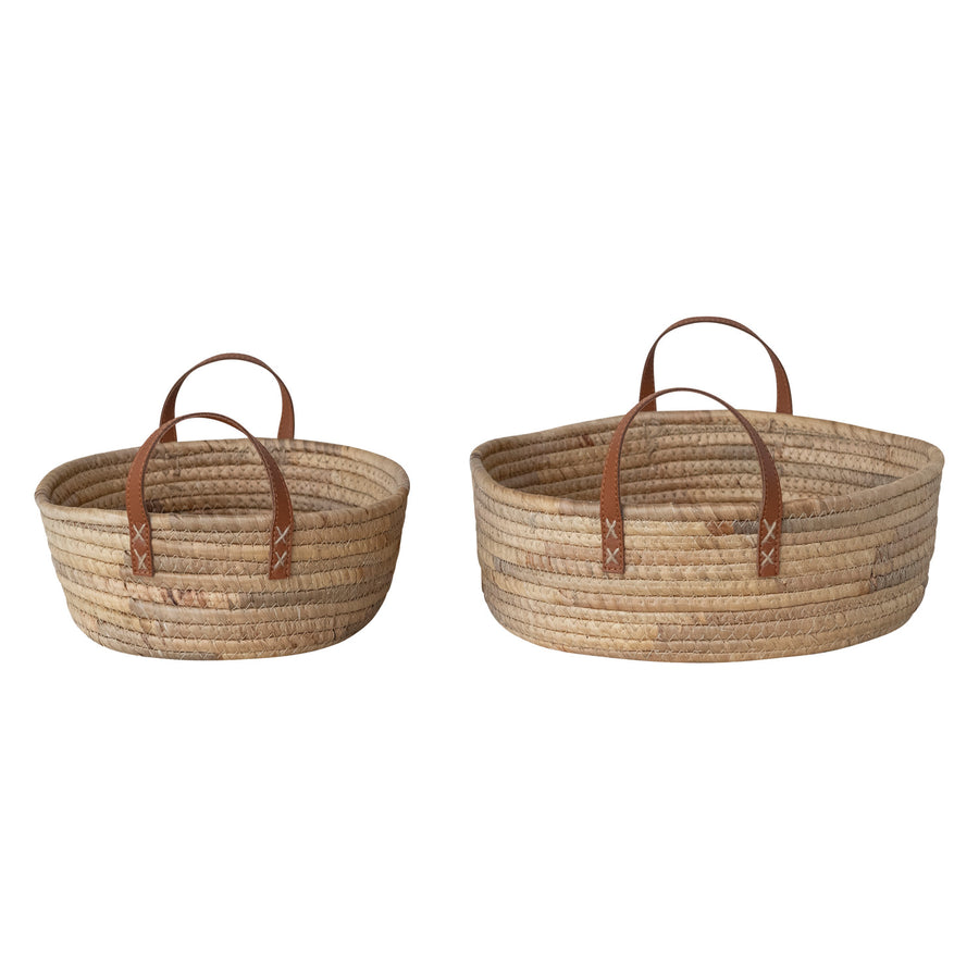 Oval Hand-Woven Basket w/Faux Leather Handles