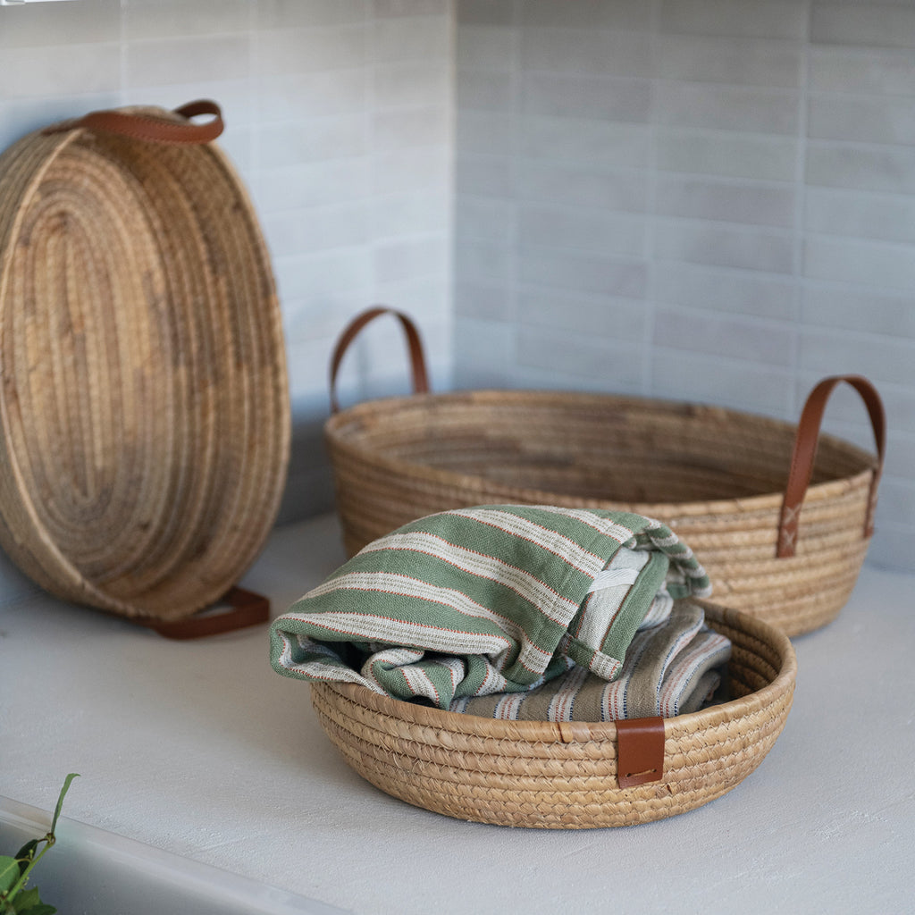 Oval Hand-Woven Basket w/Faux Leather Handles