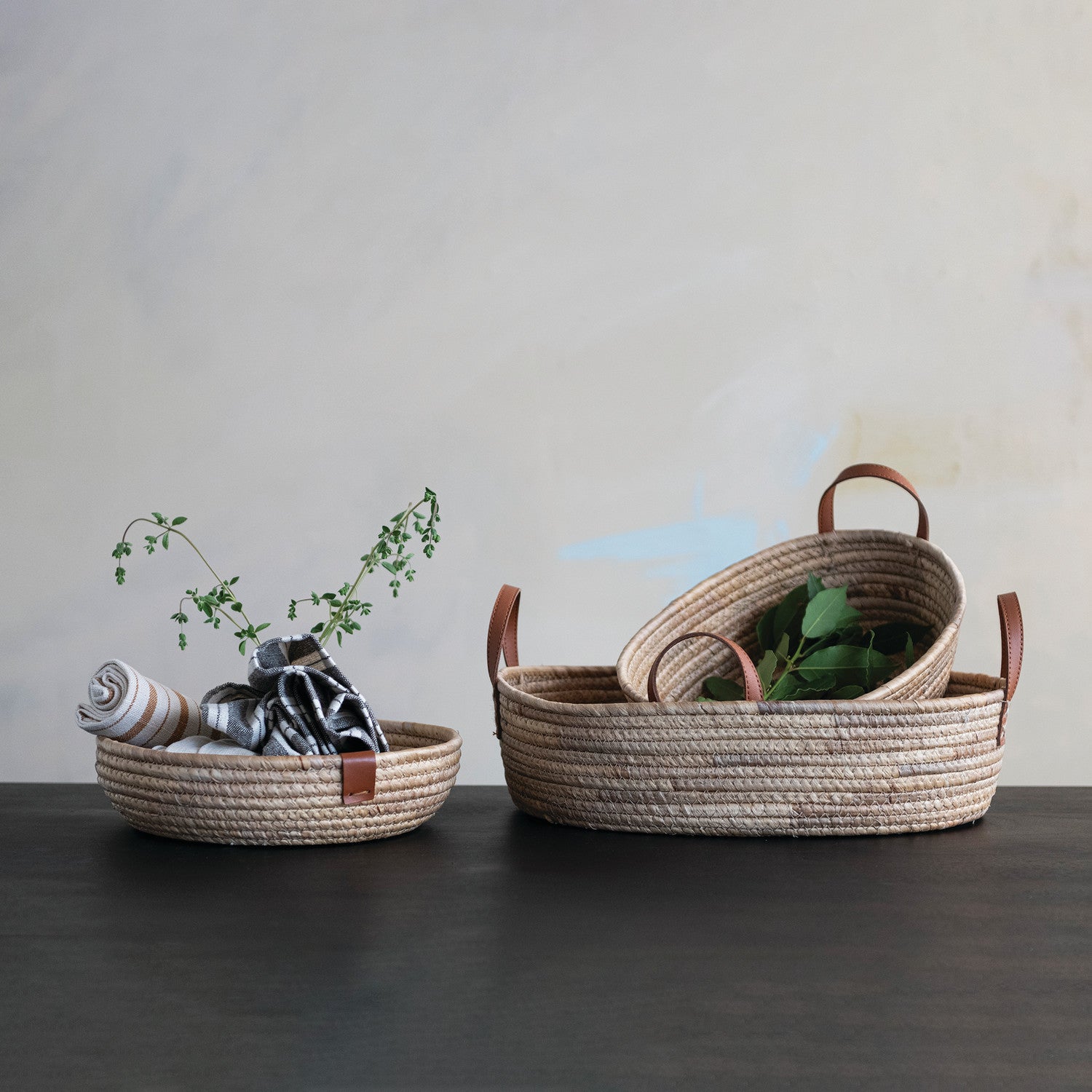 Oval Hand-Woven Basket w/Faux Leather Handles