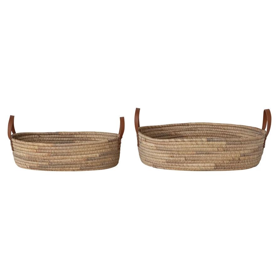 Oval Hand-Woven Basket w/Faux Leather Handles