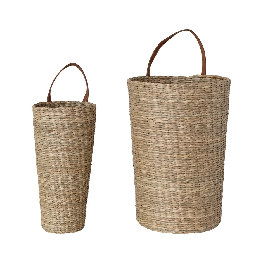 Hand-Woven Basket w/Faux Leather Handle