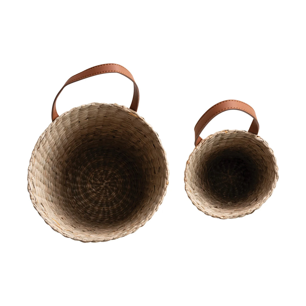 Hand-Woven Basket w/Faux Leather Handle