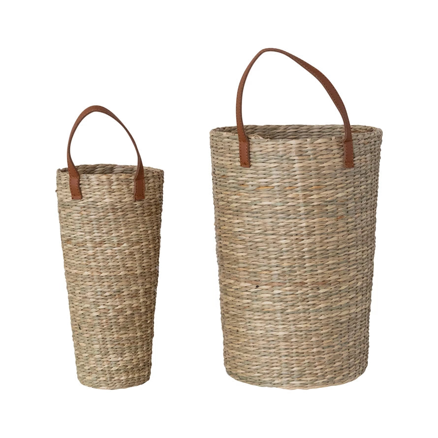 Hand-Woven Basket w/Faux Leather Handle