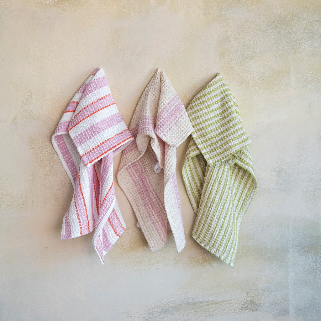 Cotton Waffle Weave Tea Towel w/Stripes