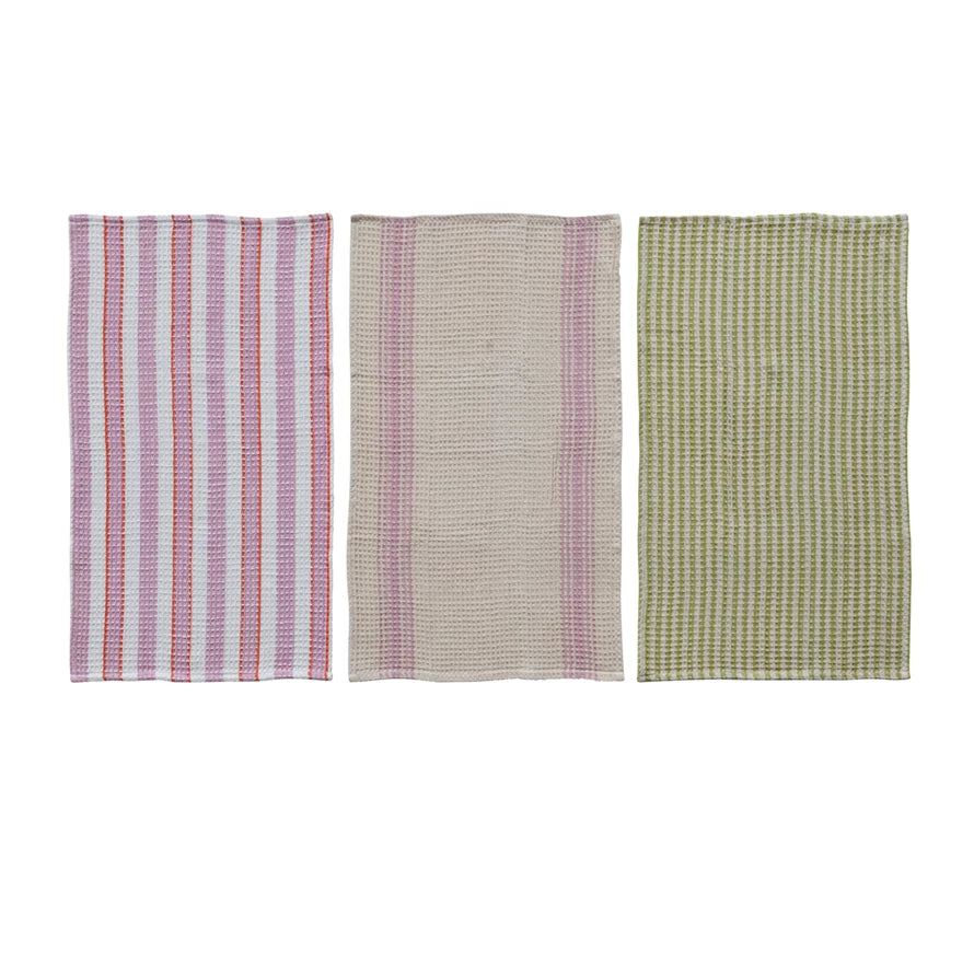 Cotton Waffle Weave Tea Towel w/Stripes
