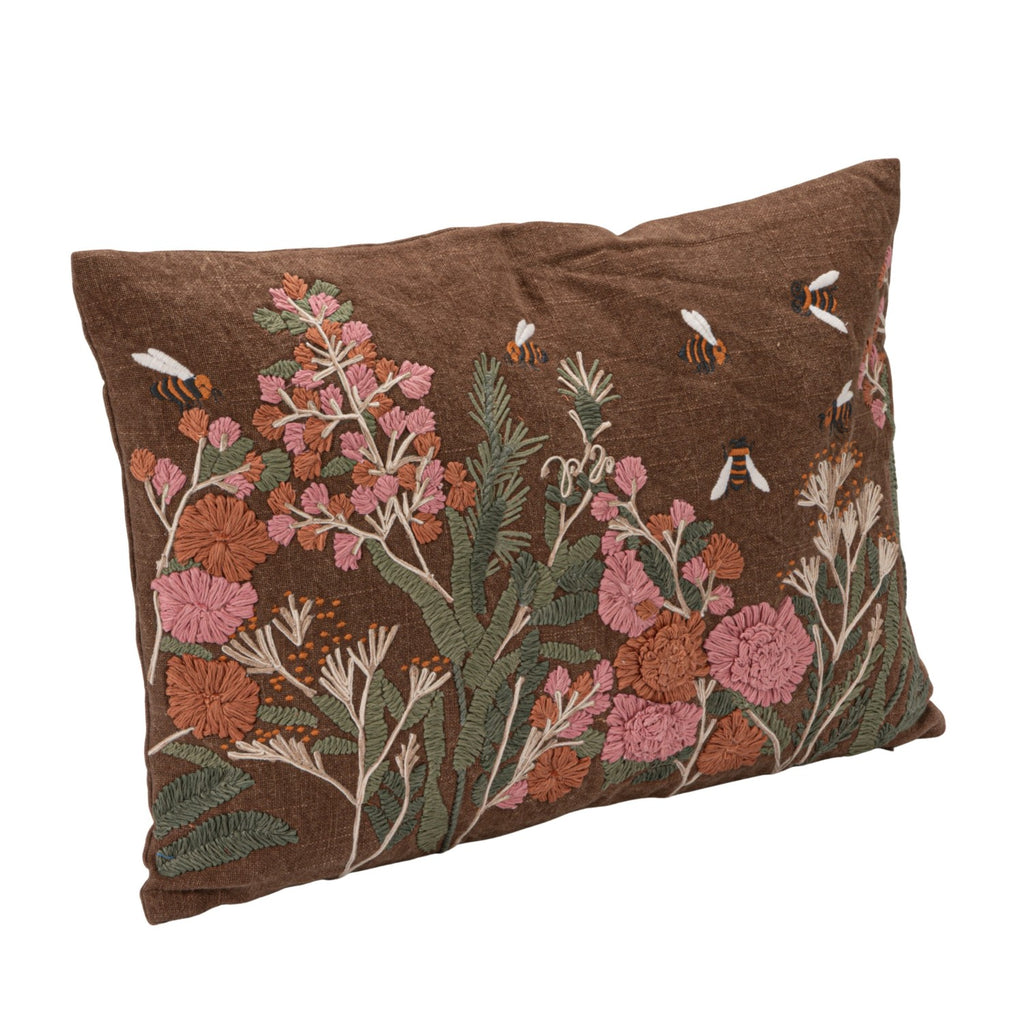 Hand Embroidered Flowers & Bees Lumbar Pillow