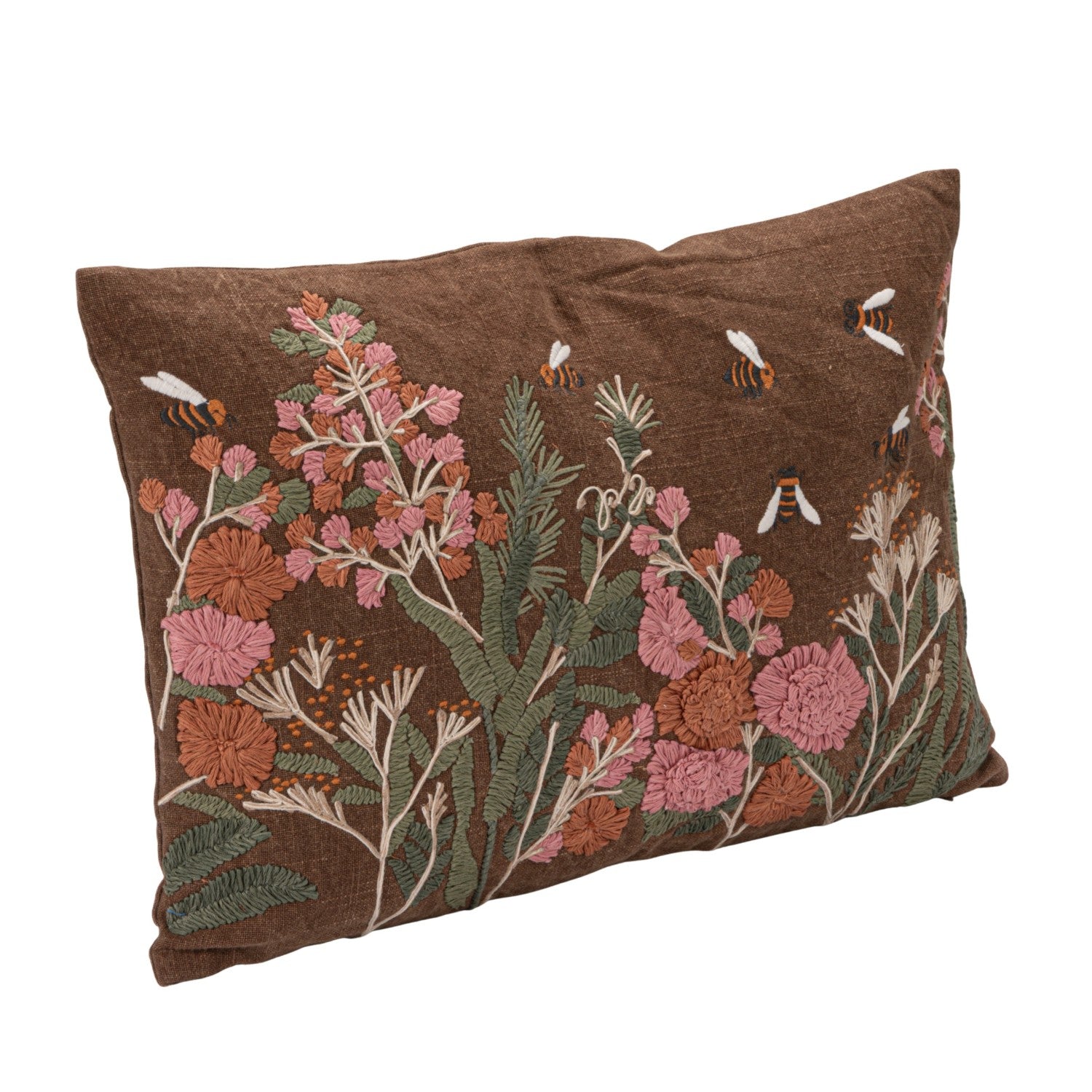 Hand Embroidered Flowers & Bees Lumbar Pillow