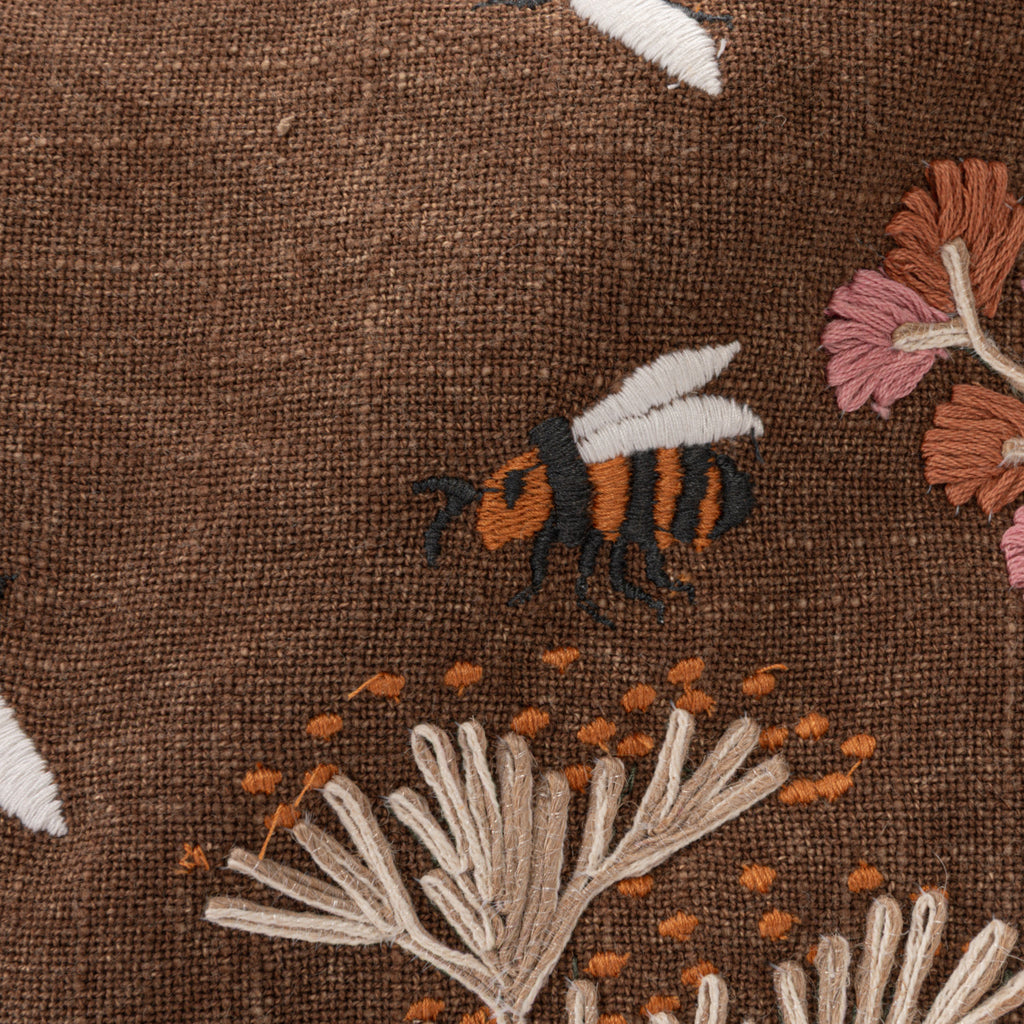 Hand Embroidered Flowers & Bees Lumbar Pillow