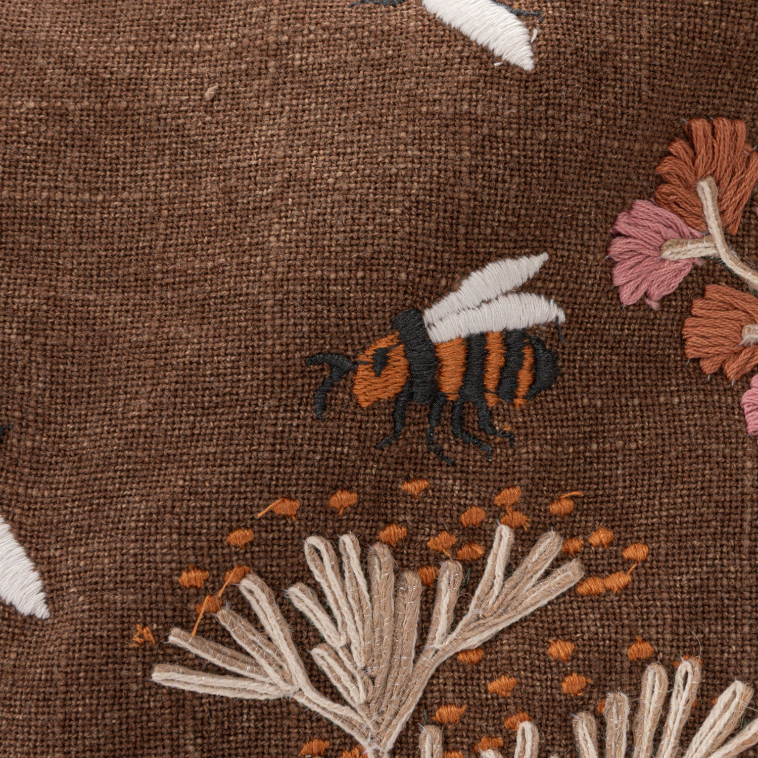 Hand Embroidered Flowers & Bees Lumbar Pillow
