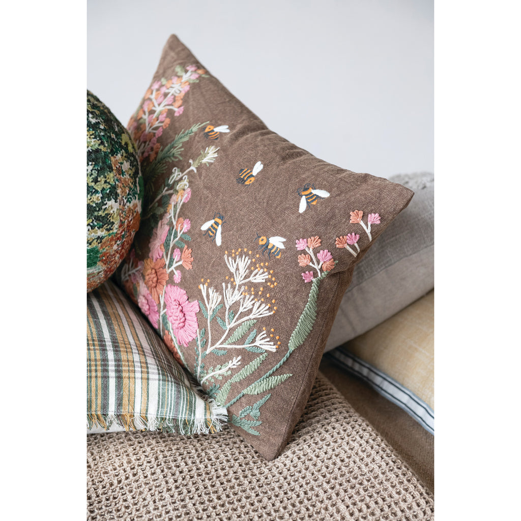 Hand Embroidered Flowers & Bees Lumbar Pillow