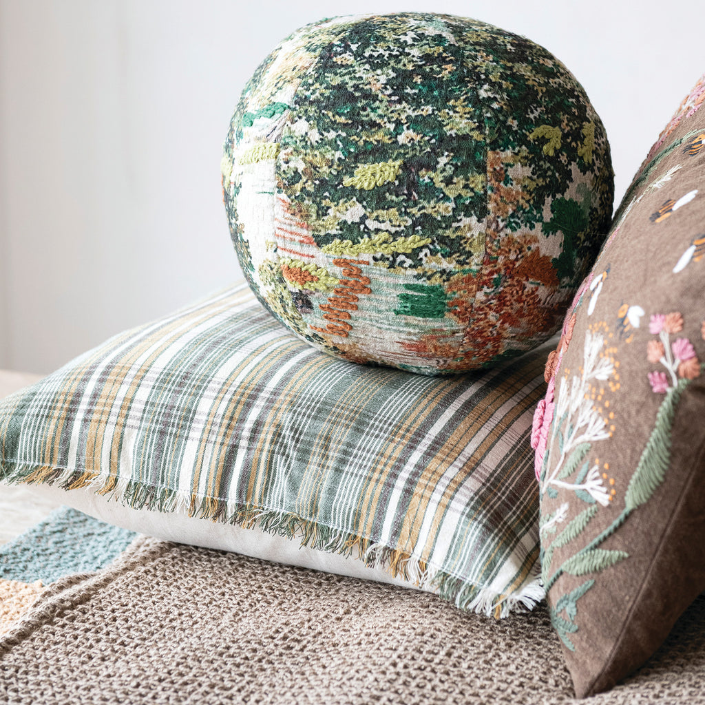 Hand Embroidered Flowers & Bees Lumbar Pillow