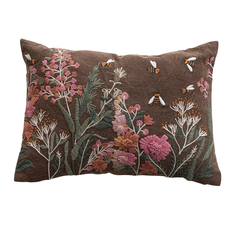 Hand Embroidered Flowers & Bees Lumbar Pillow